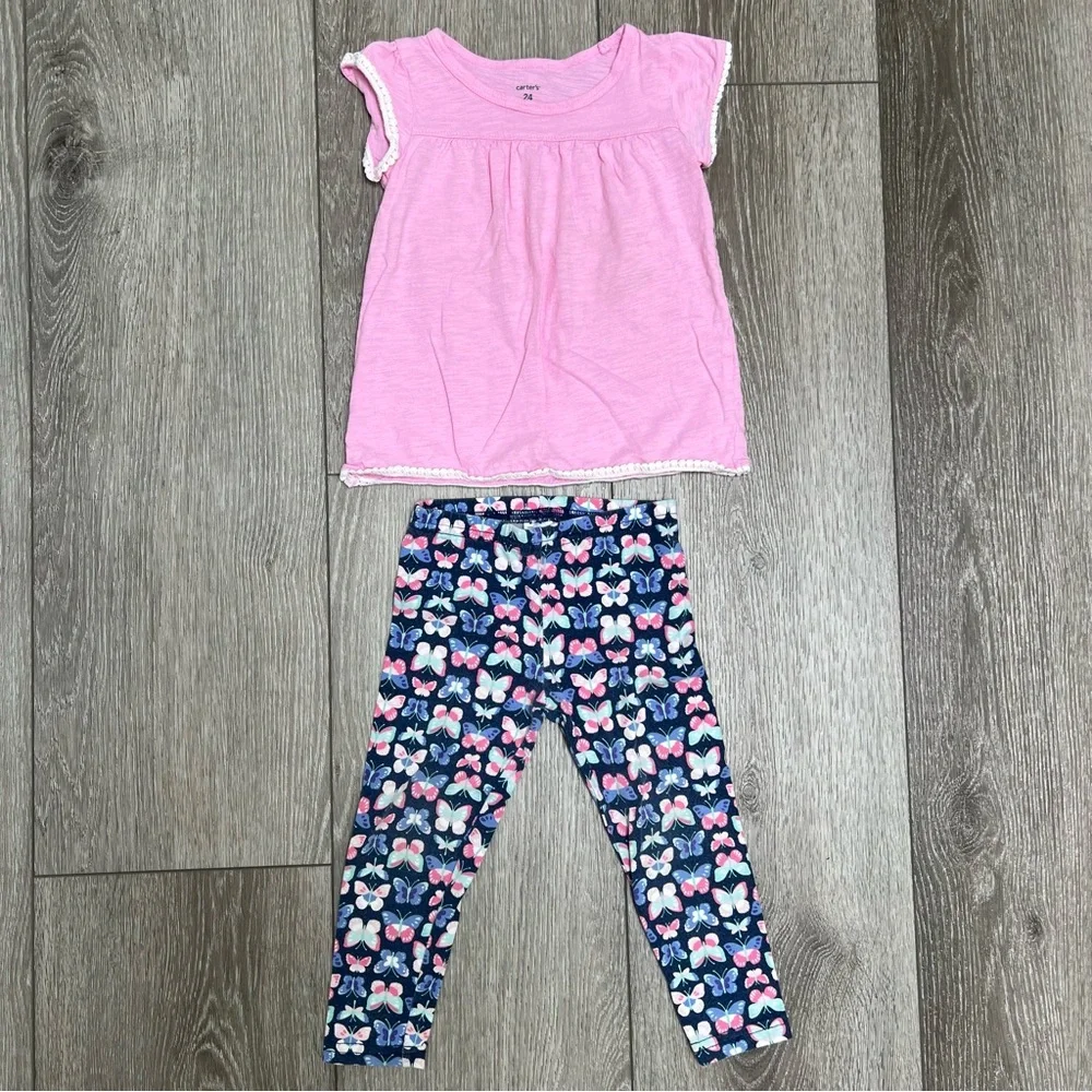 CARTERS 2PC SHORT SLEEVE SHIRT AND LEGGINGS OUTFIT BUTTERFLY 24MO